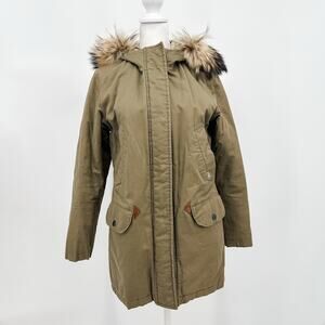 Burberry Duffle Coat Jacket Fur Winter Puffer Down Plaid XS Brown Green Hood LW